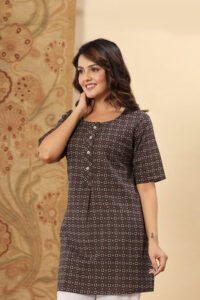 Ausuda Women Pure Cotton Brown Ethnic Printed Short Kurti | Casual Ethnic Wear for Everyday Comfort