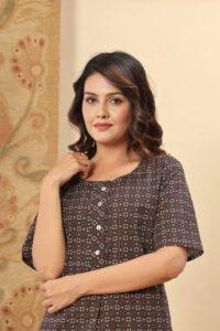 Ausuda Women Pure Cotton Brown Ethnic Printed Short Kurti | Casual Ethnic Wear for Everyday Comfort