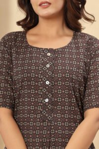 Ausuda Women Pure Cotton Brown Ethnic Printed Short Kurti | Casual Ethnic Wear for Everyday Comfort