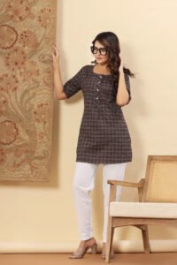 Ausuda Women Pure Cotton Brown Ethnic Printed Short Kurti | Casual Ethnic Wear for Everyday Comfort