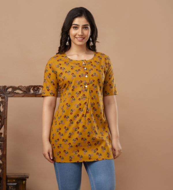 Ausuda Women Pure Cotton Mustard Floral Printed Short Kurti | Casual Ethnic Wear for Everyday Comfort