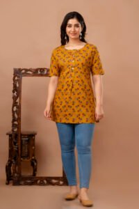 Ausuda Women Pure Cotton Mustard Floral Printed Short Kurti | Casual Ethnic Wear for Everyday Comfort