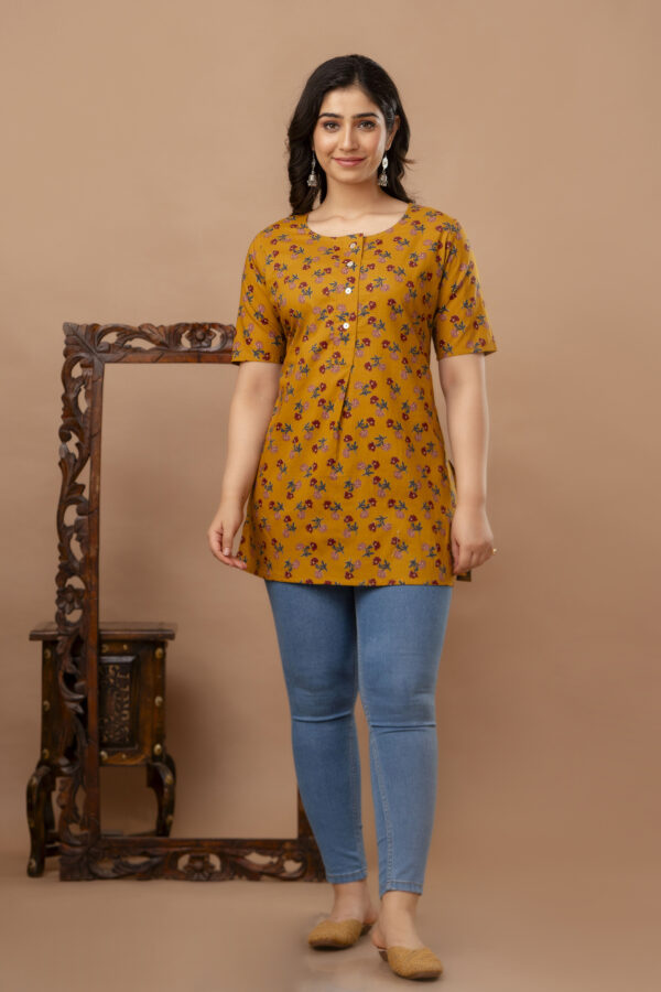 Ausuda Women Pure Cotton Mustard Floral Printed Short Kurti | Casual Ethnic Wear for Everyday Comfort