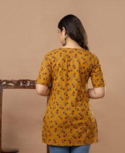 Ausuda Women Pure Cotton Mustard Floral Printed Short Kurti | Casual Ethnic Wear for Everyday Comfort