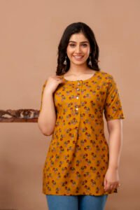 Ausuda Women Pure Cotton Mustard Floral Printed Short Kurti | Casual Ethnic Wear for Everyday Comfort