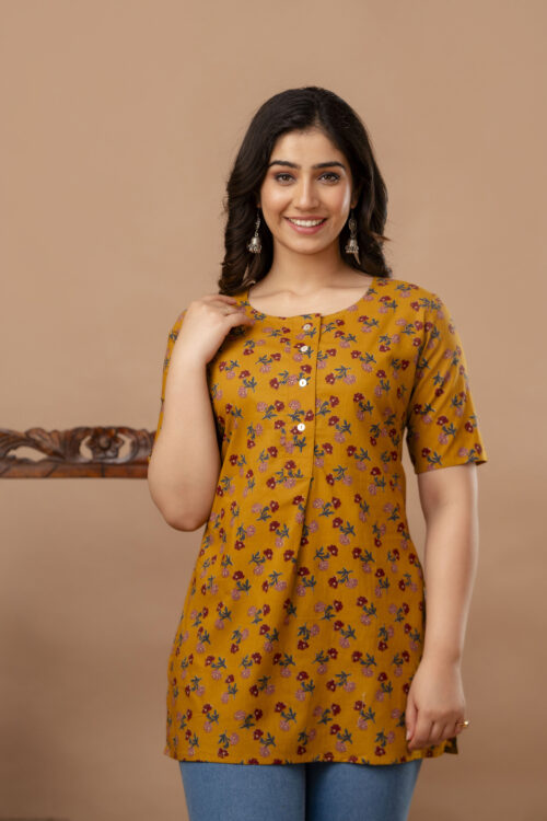 Ausuda Women Pure Cotton Mustard Floral Printed Short Kurti | Casual Ethnic Wear for Everyday Comfort