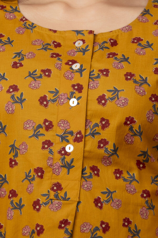 Ausuda Women Pure Cotton Mustard Floral Printed Short Kurti | Casual Ethnic Wear for Everyday Comfort