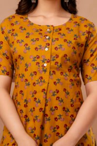 Ausuda Women Pure Cotton Mustard Floral Printed Short Kurti | Casual Ethnic Wear for Everyday Comfort