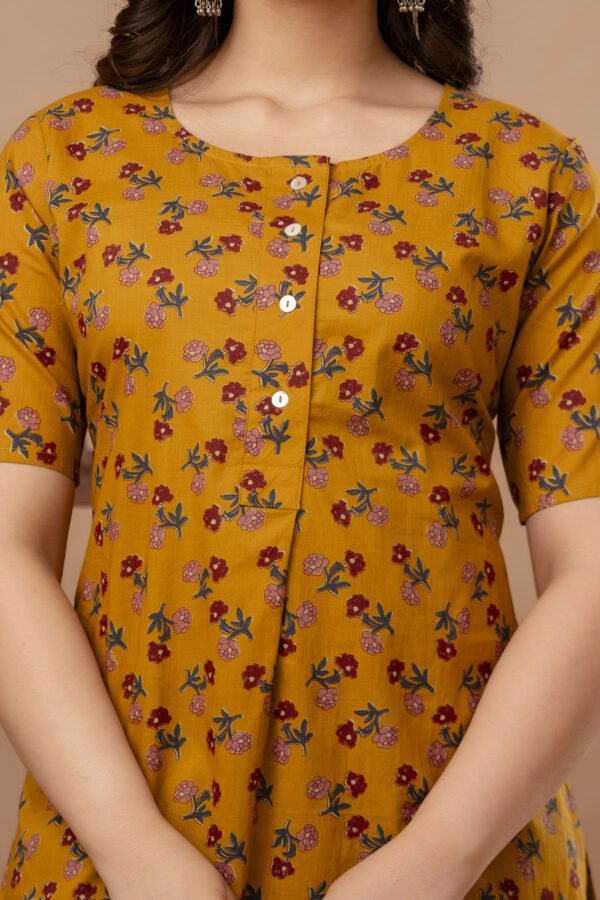Ausuda Women Pure Cotton Mustard Floral Printed Short Kurti | Casual Ethnic Wear for Everyday Comfort