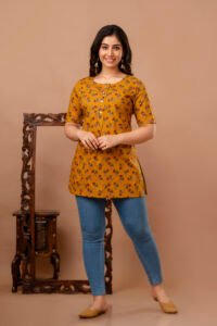Ausuda Women Pure Cotton Mustard Floral Printed Short Kurti | Casual Ethnic Wear for Everyday Comfort