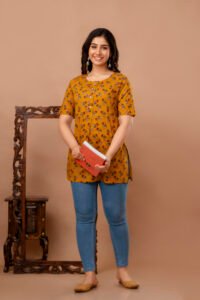 Ausuda Women Pure Cotton Mustard Floral Printed Short Kurti | Casual Ethnic Wear for Everyday Comfort