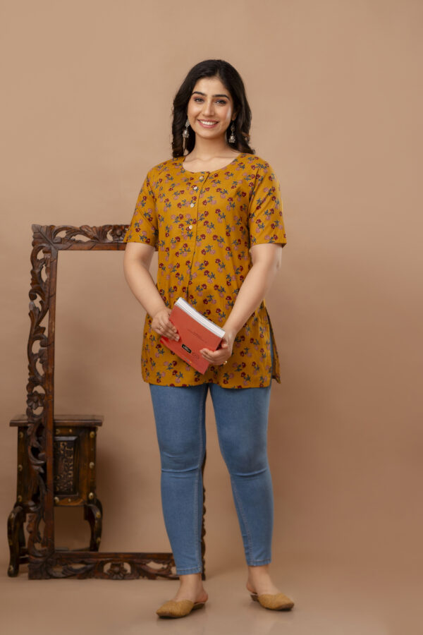 Ausuda Women Pure Cotton Mustard Floral Printed Short Kurti | Casual Ethnic Wear for Everyday Comfort
