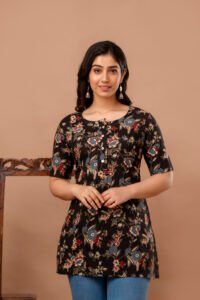 Ausuda Women Pure Cotton Black Floral Printed Short Kurti | Casual Ethnic Wear for Everyday Comfort
