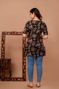 Ausuda Women Pure Cotton Black Floral Printed Short Kurti | Casual Ethnic Wear for Everyday Comfort