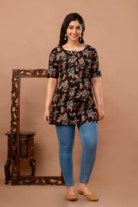Ausuda Women Pure Cotton Black Floral Printed Short Kurti | Casual Ethnic Wear for Everyday Comfort