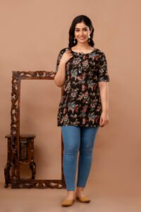 Ausuda Women Pure Cotton Black Floral Printed Short Kurti | Casual Ethnic Wear for Everyday Comfort