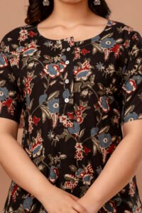 Ausuda Women Pure Cotton Black Floral Printed Short Kurti | Casual Ethnic Wear for Everyday Comfort