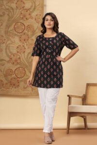 Ausuda Women Pure Cotton Black Ikat Printed Short Kurti | Casual Ethnic Wear for Everyday Comfort