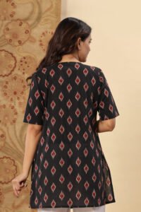 Ausuda Women Pure Cotton Black Ikat Printed Short Kurti | Casual Ethnic Wear for Everyday Comfort
