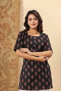 Ausuda Women Pure Cotton Black Ikat Printed Short Kurti | Casual Ethnic Wear for Everyday Comfort