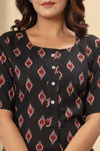 Ausuda Women Pure Cotton Black Ikat Printed Short Kurti | Casual Ethnic Wear for Everyday Comfort