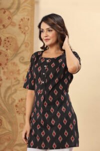 Ausuda Women Pure Cotton Black Ikat Printed Short Kurti | Casual Ethnic Wear for Everyday Comfort