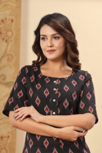 Ausuda Women Pure Cotton Black Ikat Printed Short Kurti | Casual Ethnic Wear for Everyday Comfort