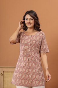 Ausuda Women Pure Cotton Beige Ethnic Printed Short Kurti | Casual Daily Wear Cotton Kurti