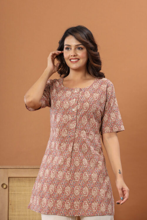 Ausuda Women Pure Cotton Beige Ethnic Printed Short Kurti | Casual Daily Wear Cotton Kurti