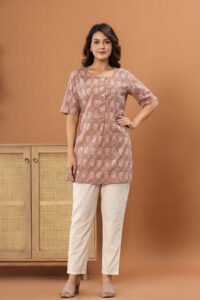 Ausuda Women Pure Cotton Beige Ethnic Printed Short Kurti | Casual Daily Wear Cotton Kurti