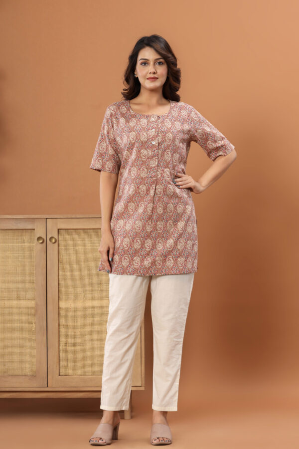 Ausuda Women Pure Cotton Beige Ethnic Printed Short Kurti | Casual Daily Wear Cotton Kurti