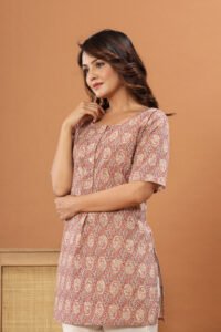 Ausuda Women Pure Cotton Beige Ethnic Printed Short Kurti | Casual Daily Wear Cotton Kurti