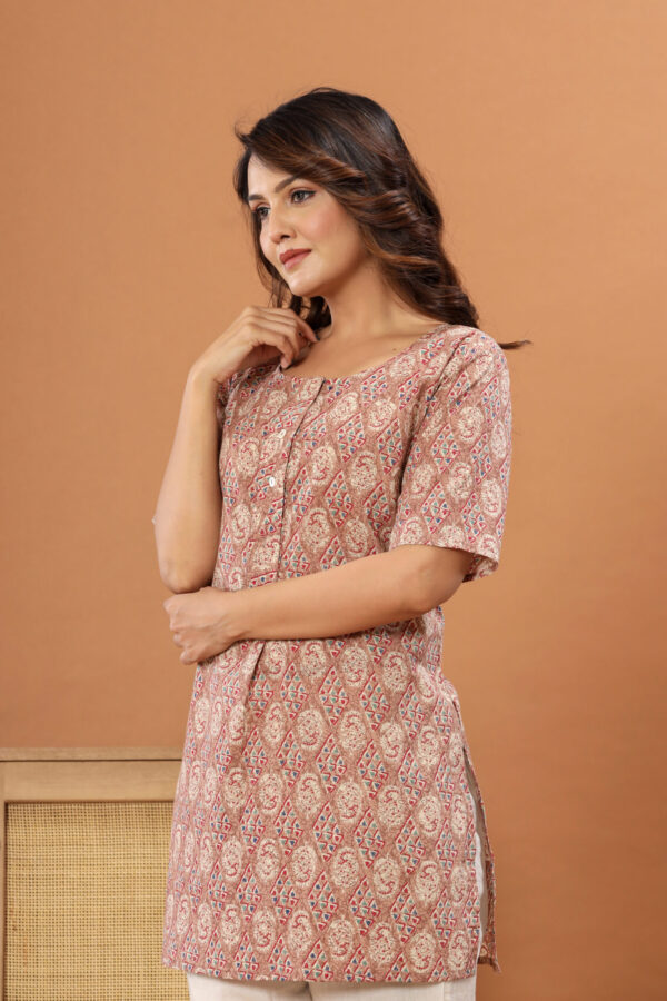 Ausuda Women Pure Cotton Beige Ethnic Printed Short Kurti | Casual Daily Wear Cotton Kurti