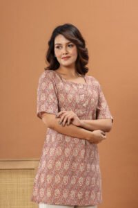Ausuda Women Pure Cotton Beige Ethnic Printed Short Kurti | Casual Daily Wear Cotton Kurti