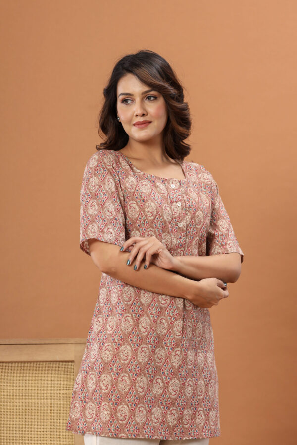 Ausuda Women Pure Cotton Beige Ethnic Printed Short Kurti | Casual Daily Wear Cotton Kurti