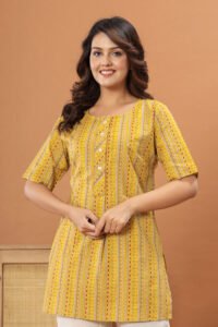 Ausuda Women Pure Cotton Yellow Printed Short Kurti | Casual Daily Wear Ethnic Cotton Top