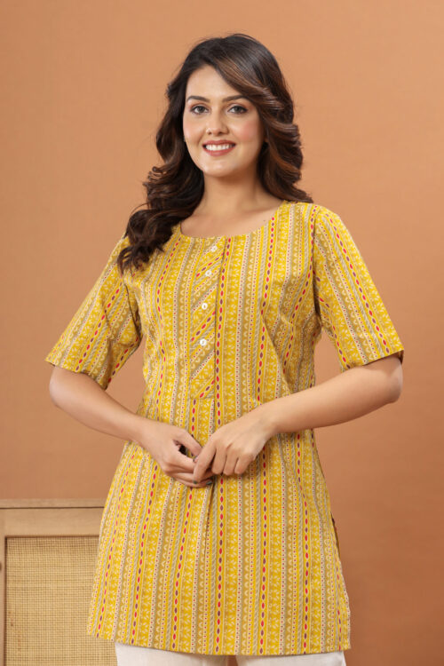 Ausuda Women Pure Cotton Yellow Printed Short Kurti | Casual Daily Wear Ethnic Cotton Top