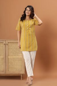 Ausuda Women Pure Cotton Yellow Printed Short Kurti | Casual Daily Wear Ethnic Cotton Top