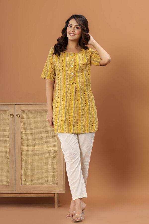 Ausuda Women Pure Cotton Yellow Printed Short Kurti | Casual Daily Wear Ethnic Cotton Top
