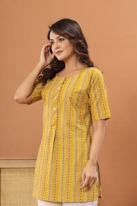 Ausuda Women Pure Cotton Yellow Printed Short Kurti | Casual Daily Wear Ethnic Cotton Top
