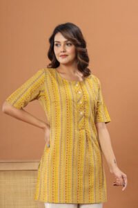 Ausuda Women Pure Cotton Yellow Printed Short Kurti | Casual Daily Wear Ethnic Cotton Top
