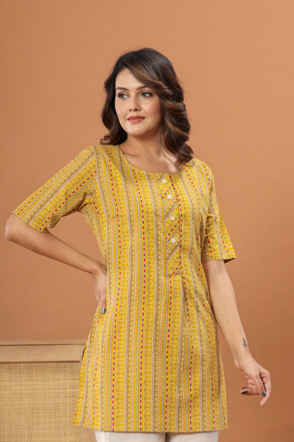 Ausuda Women Pure Cotton Yellow Printed Short Kurti | Casual Daily Wear Ethnic Cotton Top