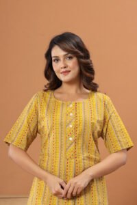 Ausuda Women Pure Cotton Yellow Printed Short Kurti | Casual Daily Wear Ethnic Cotton Top
