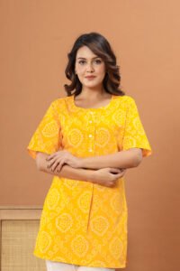 Ausuda Women Pure Cotton Yellow Bandhani Printed Short Kurti | Casual Daily Wear Ethnic Cotton Top