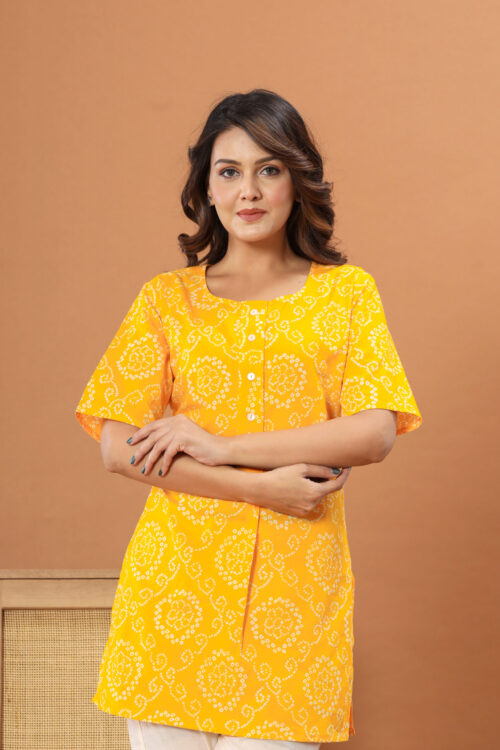 Ausuda Women Pure Cotton Yellow Bandhani Printed Short Kurti | Casual Daily Wear Ethnic Cotton Top
