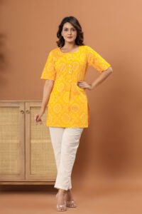 Ausuda Women Pure Cotton Yellow Bandhani Printed Short Kurti | Casual Daily Wear Ethnic Cotton Top