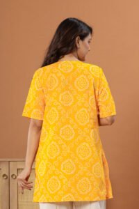 Ausuda Women Pure Cotton Yellow Bandhani Printed Short Kurti | Casual Daily Wear Ethnic Cotton Top