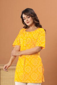 Ausuda Women Pure Cotton Yellow Bandhani Printed Short Kurti | Casual Daily Wear Ethnic Cotton Top