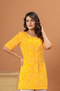 Ausuda Women Pure Cotton Yellow Bandhani Printed Short Kurti | Casual Daily Wear Ethnic Cotton Top