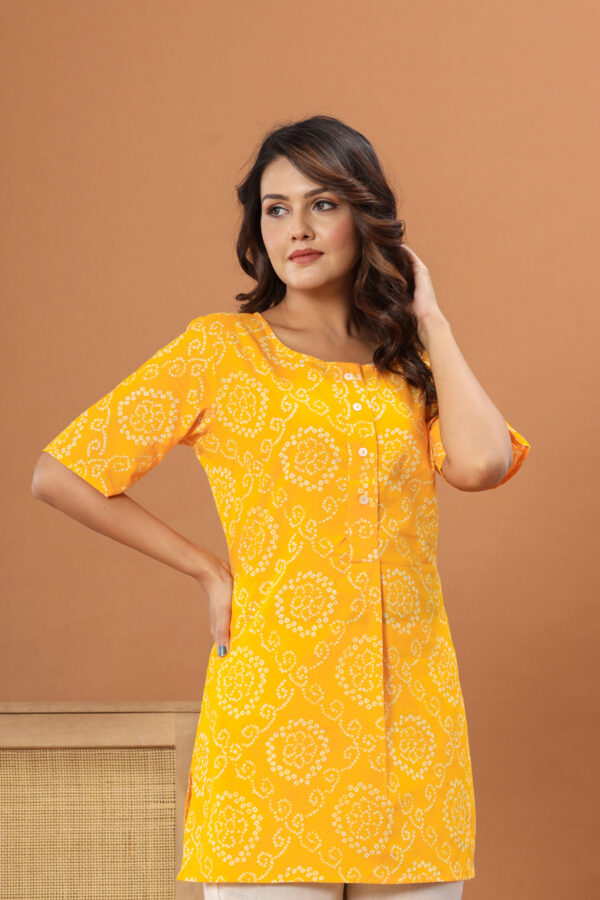 ASD_ShortKurti-2038-E Ausuda Women Pure Cotton Yellow Bandhani Printed Short Kurti | Casual Daily Wear Ethnic Cotton Top